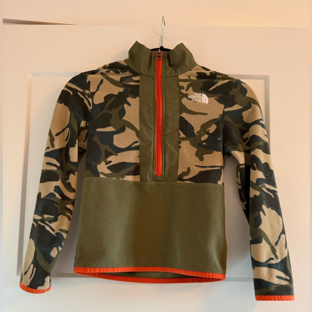 The North Face Kids Camo Olive Fleece Pullover with Orange Trim